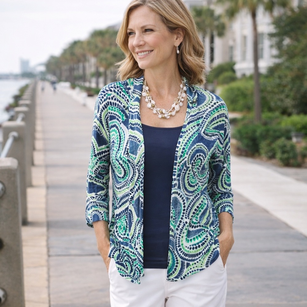 Chico’s Paisley Open Front lightweight Cardigan Size 1 Blue Green Ramie Rayon